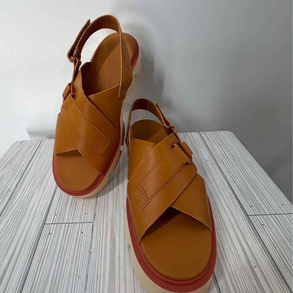 Sorel Rein Crisscross Chunky Flatform Sandals Tan Leather Suede Women's 6.5 NEW